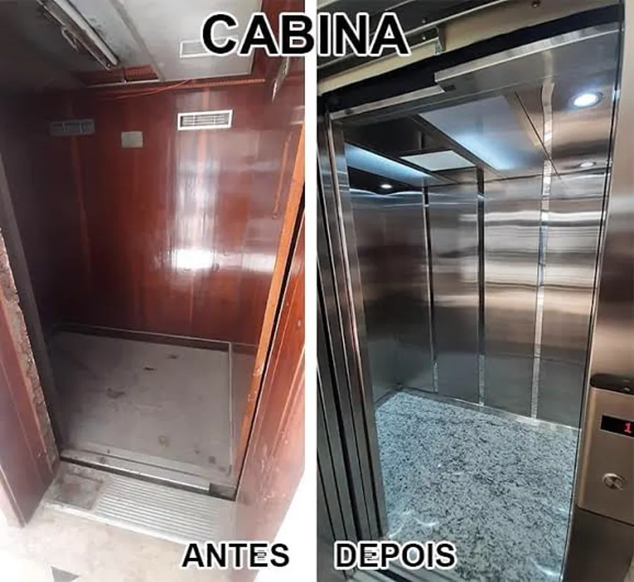 Antes e depois de modernização de cabine de elevador