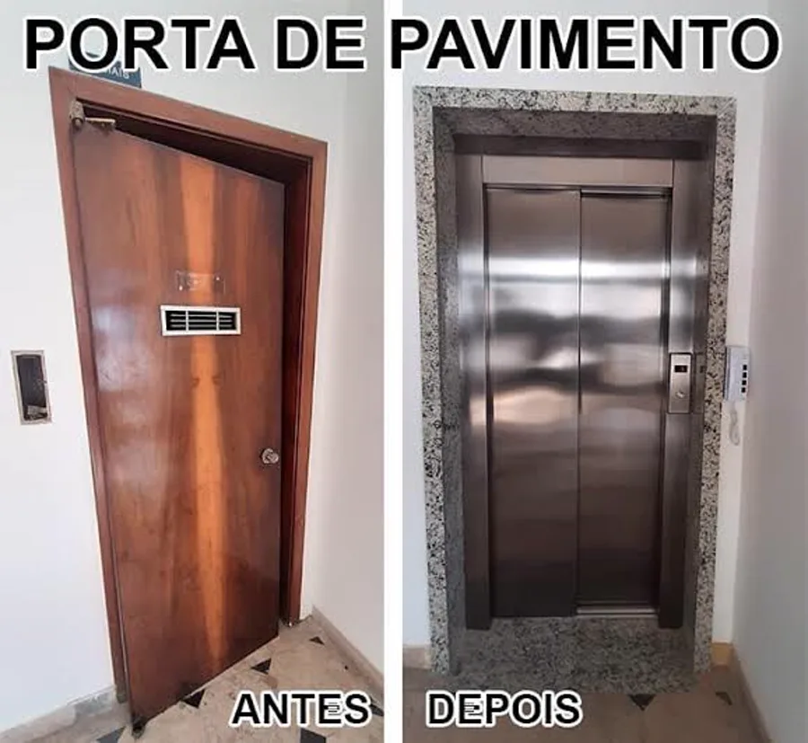 Antes e depois de modernização de porta de pavimento