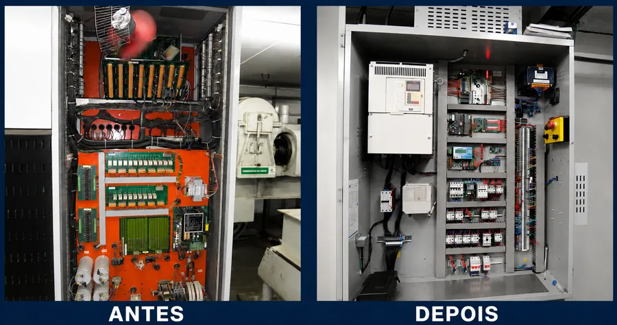 Quadro de comando de elevador antes e depois da modernização